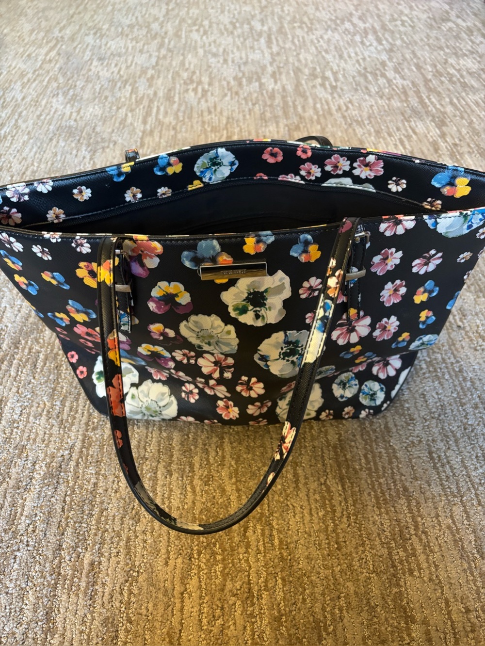 Nine West Black Pansy Floral Tote with Multicolor Blooms